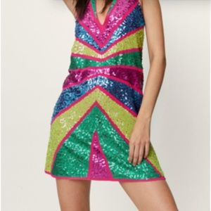 Size 14 Nasty Gal Sequin Colorblock Plunge Mini Dress